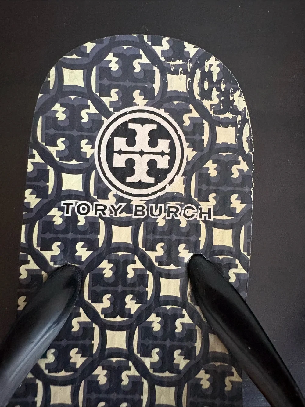 Tory Burch Black and Cream Logo-Pattern Flip Flop Sandals